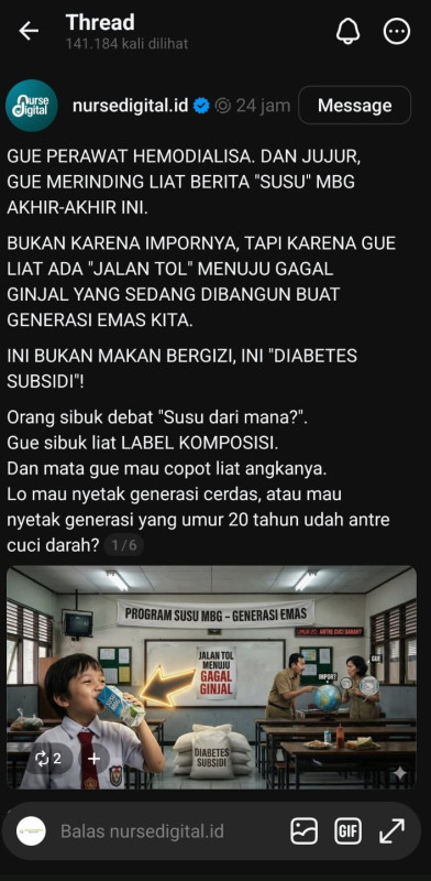 Foto Postingan Thread Mengenai Bahaya Susu UHT MBG pada 4 Januari 2026 (Dok. Pribadi)